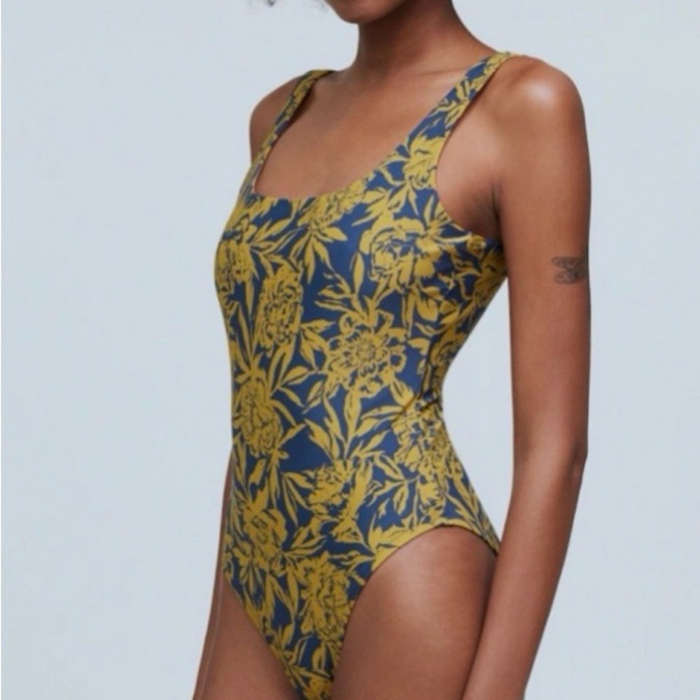 Madewell Navy One-Piece Swimsuit with Mustard Floral Print
